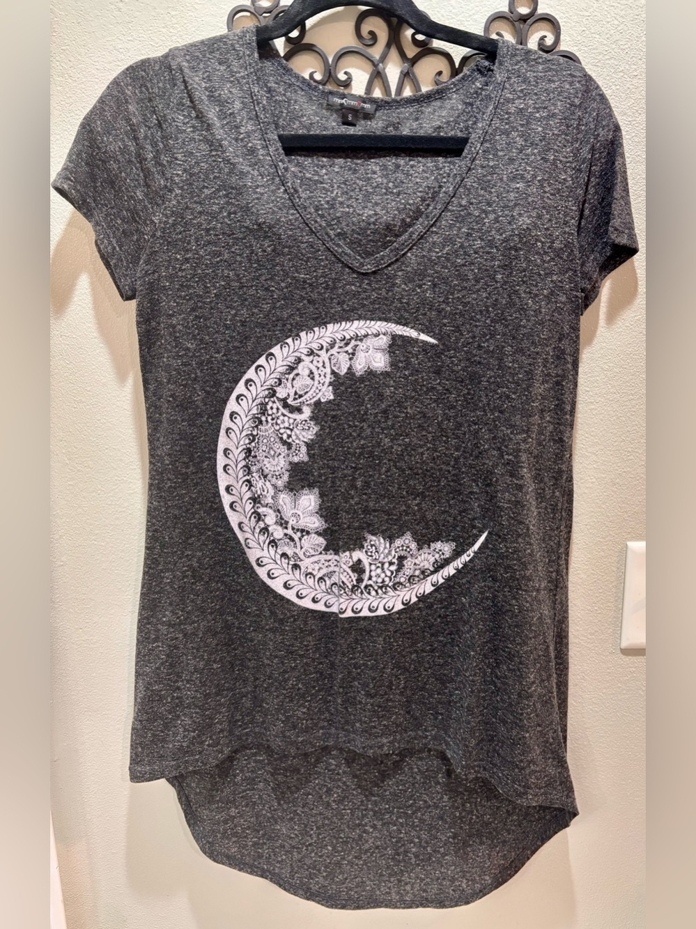 Women's Charcoal V-Neck Tee with White Crescent Moon Graphic